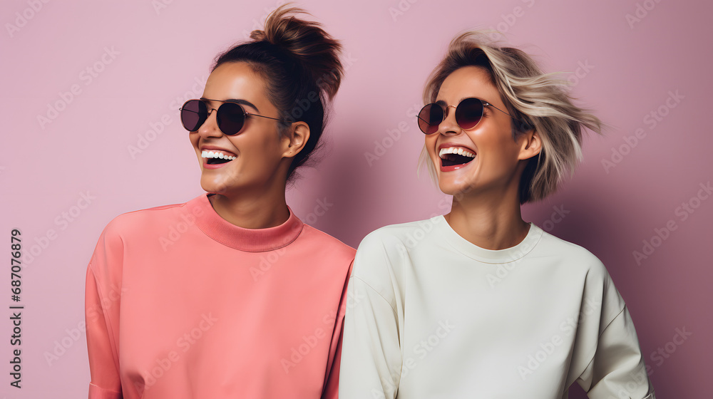 Funny best friends laughing carfully while standing together in a studio. generative ai. Funny best friends laughing carfully while standing together in a studio. generative ai.