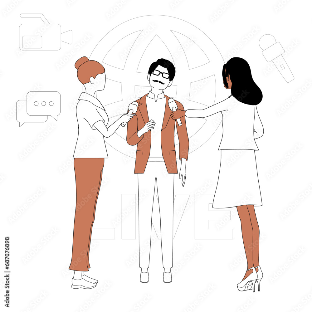 Two TV anchor girls interview a famous politician, executive, actor, entrepreneur. The vector depicts journalists, a globe, a video camera, a microphone, a live broadcast recording and a business man. Two TV anchor girls interview a famous politician, executive, actor, entrepreneur. The vector depicts journalists, a globe, a video camera, a microphone, a live broadcast recording and a business man.