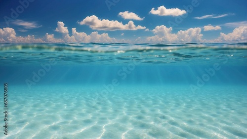 Calm blue ocean with gentle waves under a clear sky, sun rays piercing through the water, serene seascape