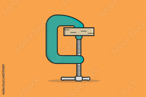 Wooden Piece in Clamp Compression tool vector illustration. Tools object icon concept. Carpenter repairing tool and working tool clamp vector design on orange background.