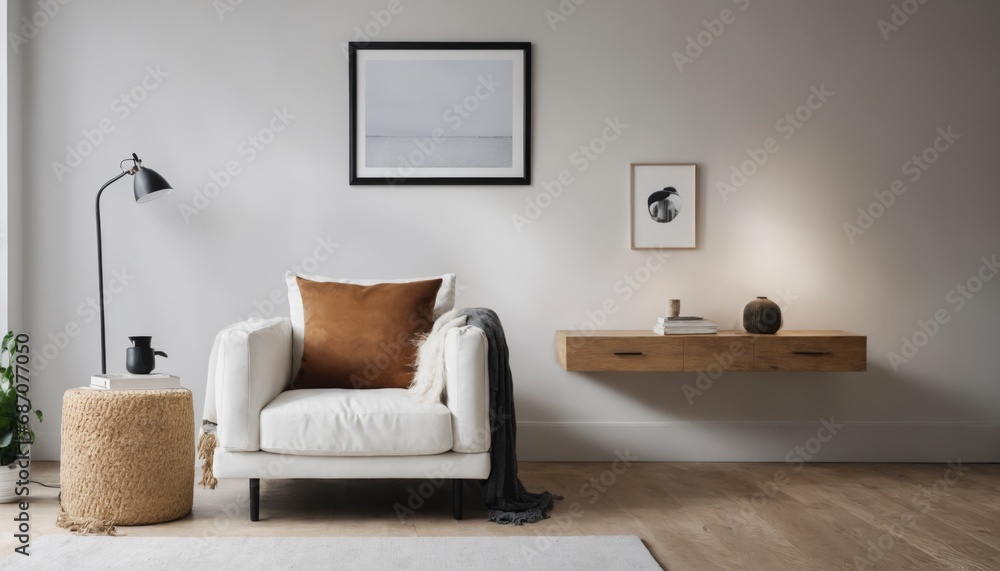 Interior design mockup with picture frame on a Wall. Living room in colors with sofa and painting. Interior design mockup with picture frame on a Wall. Living room in colors with sofa and painting.