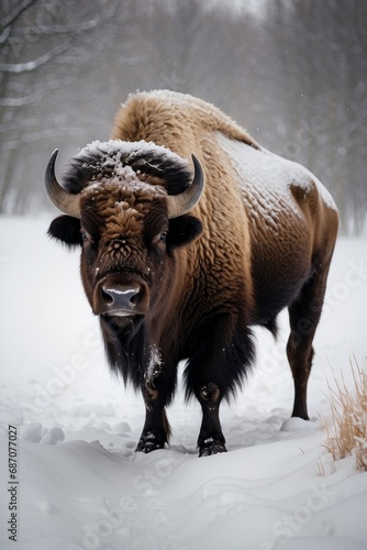 Portrait of a beautiful big brown bison on a snowy winter day in the forest. Animal world, wildlife concepts.