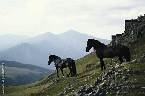 Modern Cinematic View of Black Horses in the Mountains. © Natalia