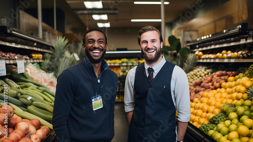 Grocery store workers laughing happily in their shop. generative ai.