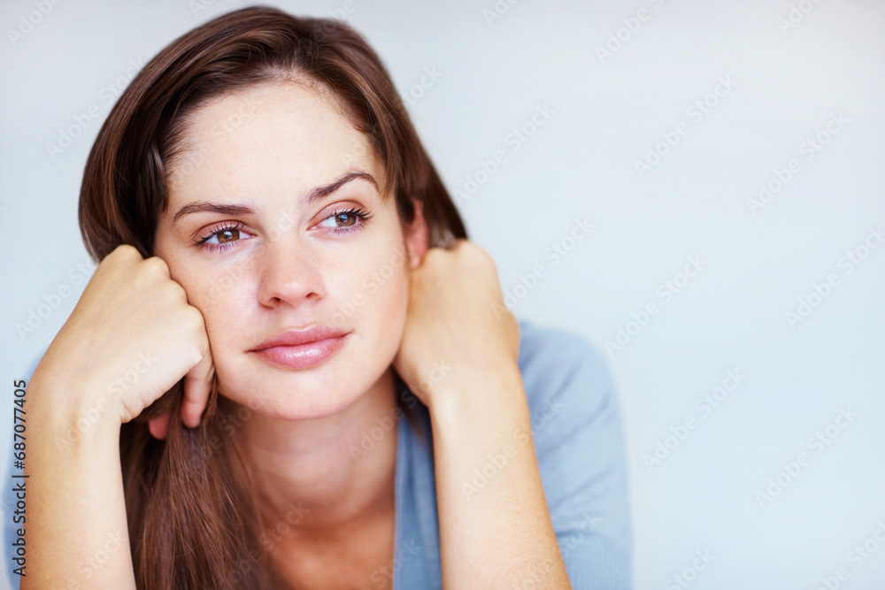 Rest, thinking and face of woman in bedroom for sleeping, dreaming and comfortable at home. Wondering, thoughtful and person in relax, reflect and wake up for health, wellness and calm in morning Rest, thinking and face of woman in bedroom for sleeping, dreaming and comfortable at home. Wondering, thoughtful and person in relax, reflect and wake up for health, wellness and calm in morning