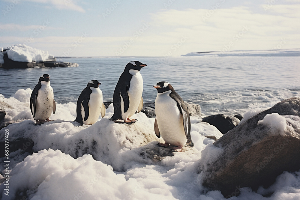Obraz premium Graphic Portrait of Real Penguins on a Snowy Shore.