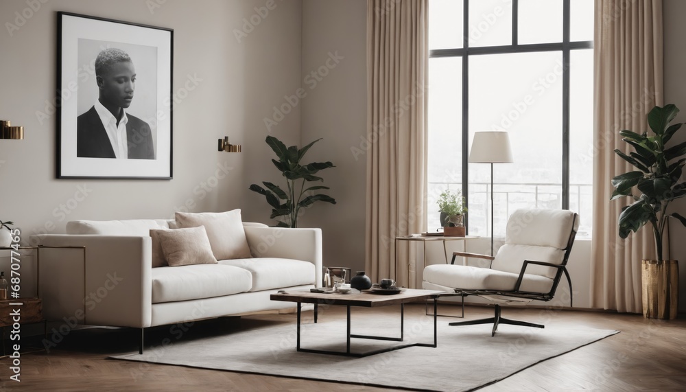 Fototapeta premium Interior design mockup with picture frame on a Wall. Living room in colors with sofa and painting.