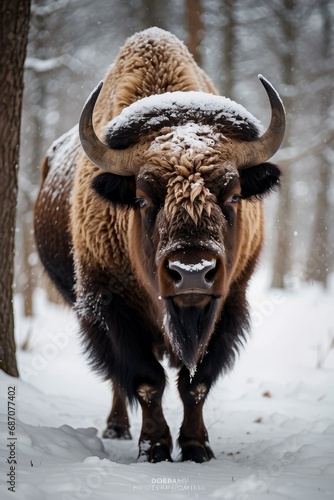 Portrait of a beautiful big brown bison on a snowy winter day in the forest. Animal world, wildlife concepts. © liliyabatyrova