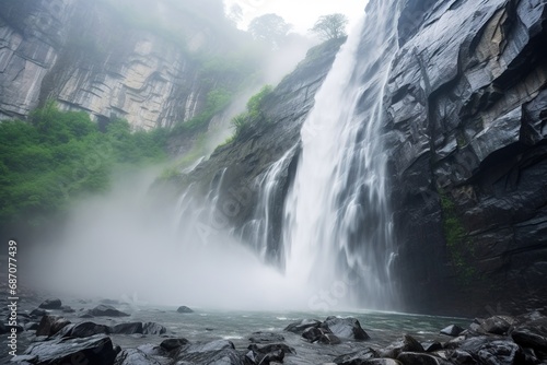 Majestic waterfalls cascading over rugged cliffs, mist vapor water spray