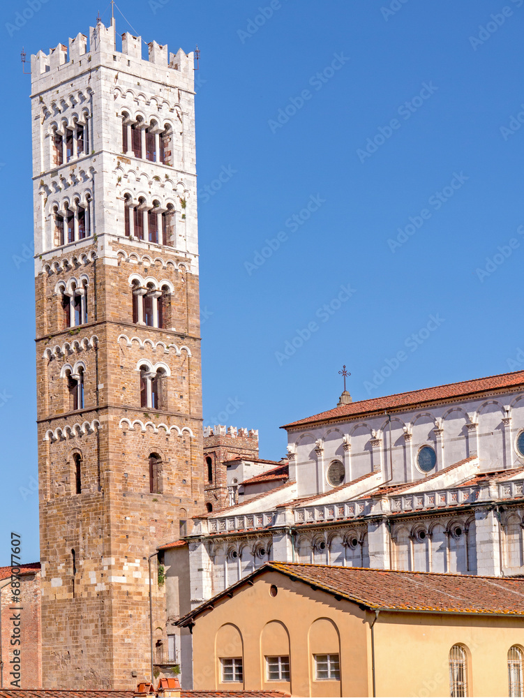 Detail of the ancient and historic bell tower of the church of Santa Maria Bianca, Lucca, Tuscany, Italy