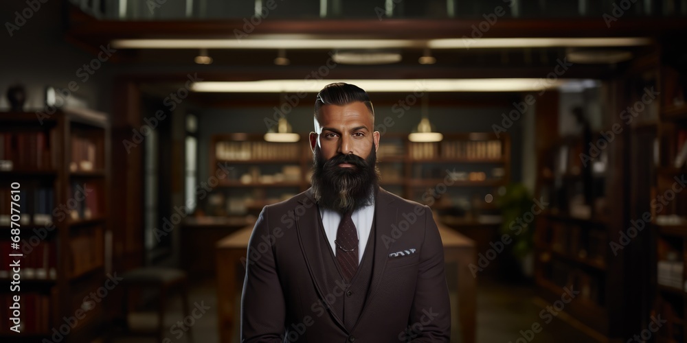 Fototapeta premium The Well-Dressed Scholar Contemplating Knowledge in a Serene Library Setting