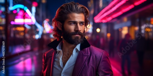A Stylish Man with a Long Hair and Beard Rocking a Vibrant Purple Jacket