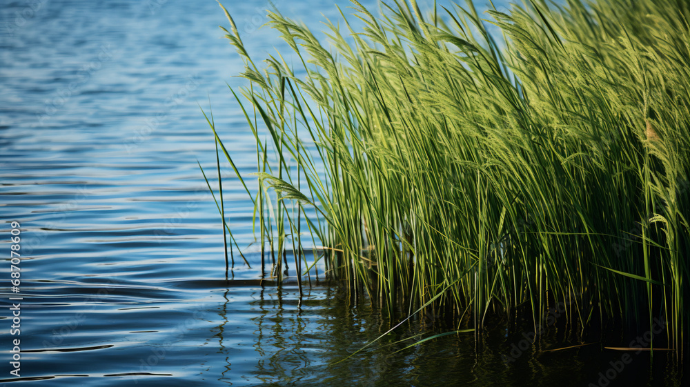 View of green reeds growing near channel outdoors, AI Generative. View of green reeds growing near channel outdoors, AI Generative.