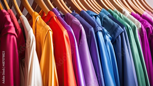 Close-up of a rack with wooden hangers on which women's blouses or dresses hang. Assortment in a clothing store. The concept of updating the wardrobe, sales or purchases. Illustration for advertising. © Login