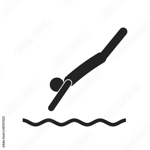 Isolated pictogram sign of stick figure jump on water, for sport, swim, swimming, summer icon and sign
