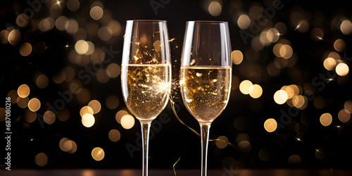 Two glasses of champagne on black stylish background with golden bokeh circles, Champagne glasses christmas drink wine Generative Ai