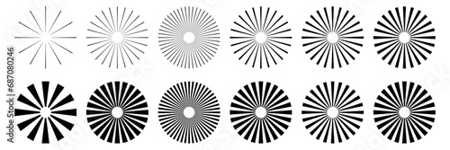 Retro sunburst element collection. Sun rays icon, shine and burst line set.