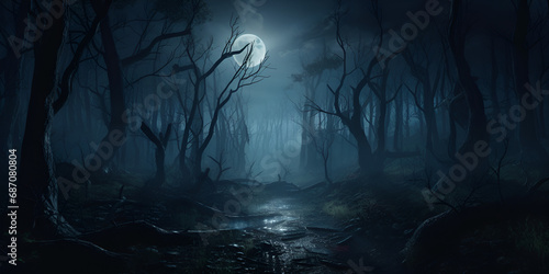 Spooky forest with full moon for Halloween atmosphere  Illustration of dark scary forest under clouds of fog. a scene from a horror movie  smoke  mist. Generative Ai