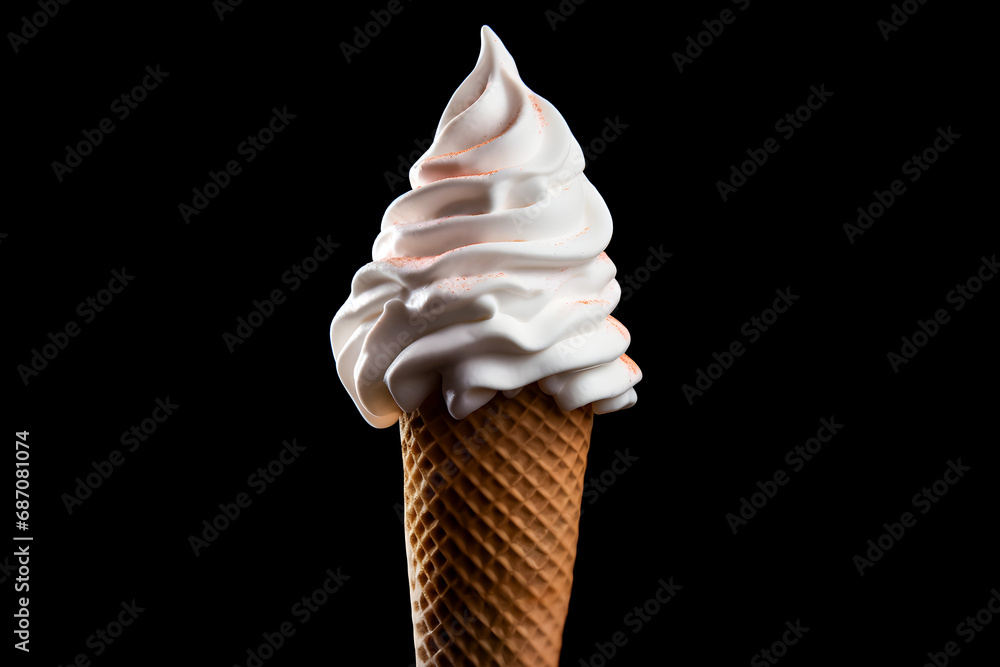 Ice cream cone isolated on a black background. Close-up shot of a vanilla ice cream cone isolated on a black background. Ice cream cone isolated on a black background. Close-up shot of a vanilla ice cream cone isolated on a black background.