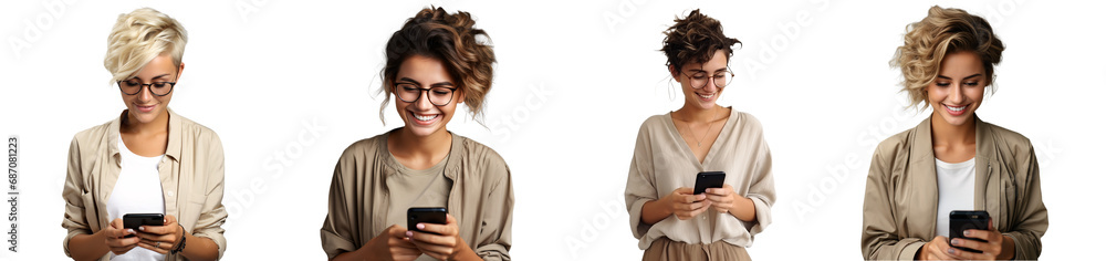 Set happy woman using mobile phone for texting or talking isolated on transparent white background, concept of social networks and modern communication Set happy woman using mobile phone for texting or talking isolated on transparent white background, concept of social networks and modern communication