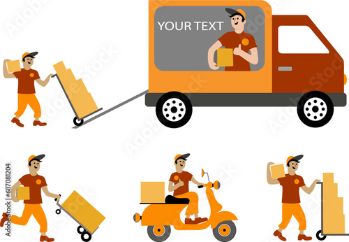 Collection of illustrations of courier, cargo transportation. A forklift loads parcels into a machine. The courier transports the parcel on a trolley or moped. Illustration on a transparent background