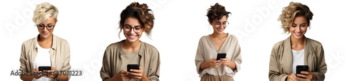 Set happy woman using mobile phone for texting or talking isolated on transparent white background, concept of social networks and modern communication