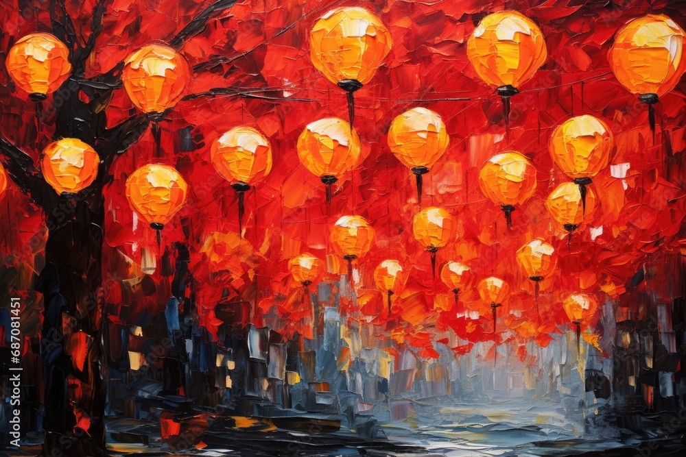 palette knife textured painting Chinese lanterns. Japanese asian new year red lamps festival Chinese New Year Lanterns palette knife textured painting Chinese lanterns. Japanese asian new year red lamps festival Chinese New Year Lanterns