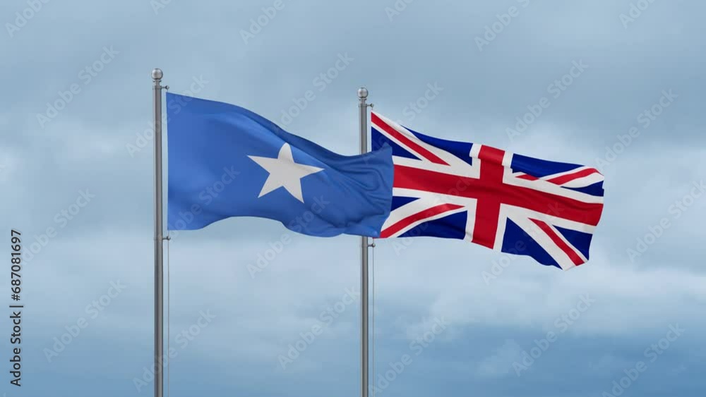United Kingdom and Somalia flag waving together on cloudy sky, endless seamless loop, two country cooperation concept United Kingdom and Somalia flag waving together on cloudy sky, endless seamless loop, two country cooperation concept