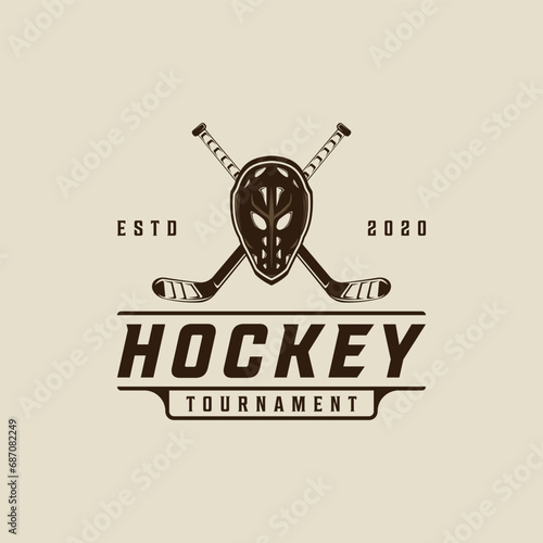 mask and stick ice hockey logo vector vintage illustration template icon graphic design. winter sport sign or symbol for tournament or club shirt print stamp concept