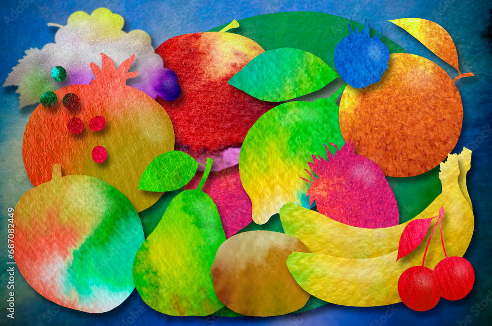 Very colorful healthy food illustration of various fruits made with watercolor textures in highly saturated tones Very colorful healthy food illustration of various fruits made with watercolor textures in highly saturated tones