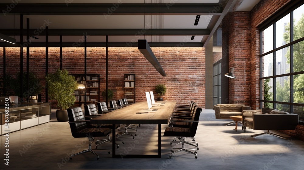 a modern office interior with sleek brick walls, capturing their polished surface and contemporary design that exudes elegance.