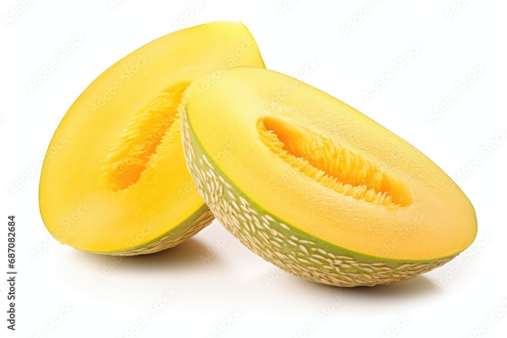 Honey Dew Melon Slice. Fresh and Delicious Cantaloupe with Clipping Path Isolated on White Background for Agriculture and Diet Concepts