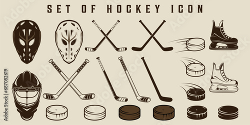 set of hockey ice icon vector vintage illustration template graphic design. bundle collection of various winter sport equipment or tool for sign or symbol