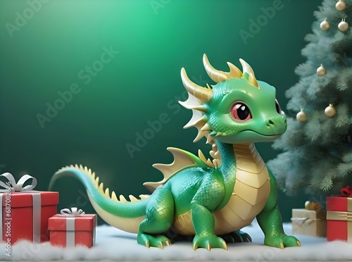 Generative AI 3D image of a green dragon cartoon character next to the Christmas decorations