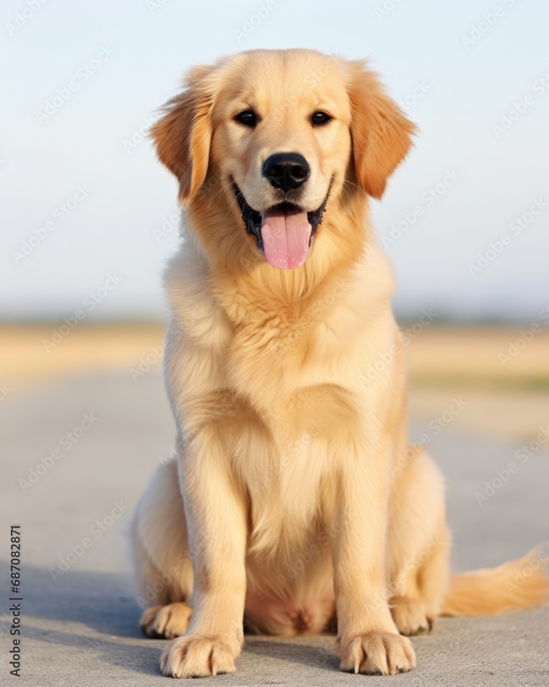 Beautiful Calm Dog Sit. Adorable Golden Retriever Puppy Sitting on Brown Floor Isolated on White Background