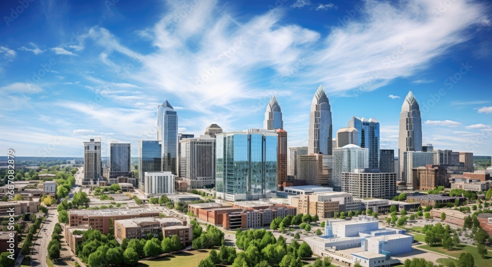 Aerial view of Charlotte, NC skyline and financial district in North Carolina - a luxurious US city landscape - obrazy, fototapety, plakaty 