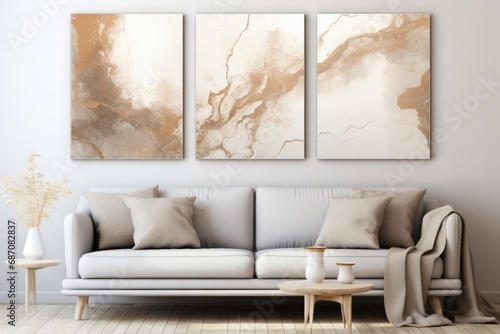 Abstract Triptych Art: Acrylic and Watercolor Smear Blot Painting Creates Beige, Brown and Gold Canvas Texture Horizontal Background