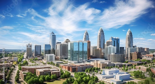 Aerial view of Charlotte, NC skyline and financial district in North Carolina - a luxurious US city landscape photo