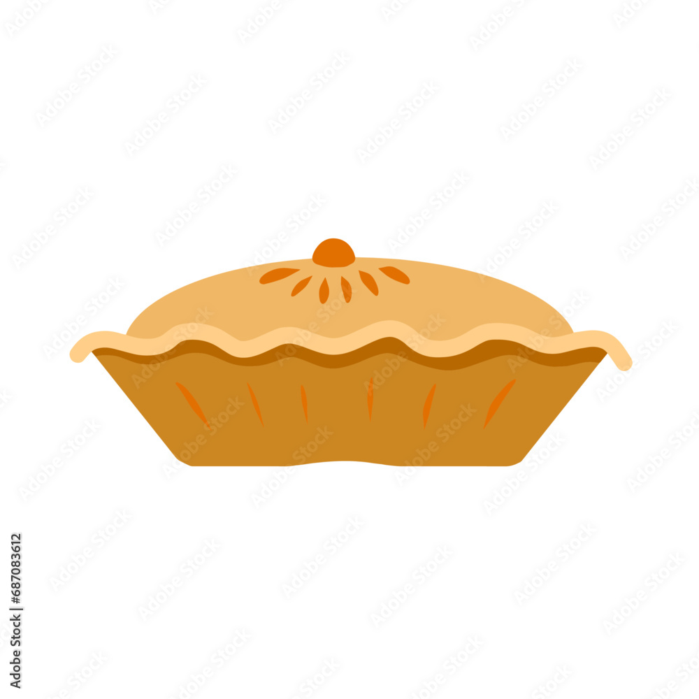 Traditional Pie or cake. Homemade food. Sweet delicious festive dessert. Flat cartoon illustration isolated on white background Traditional Pie or cake. Homemade food. Sweet delicious festive dessert. Flat cartoon illustration isolated on white background