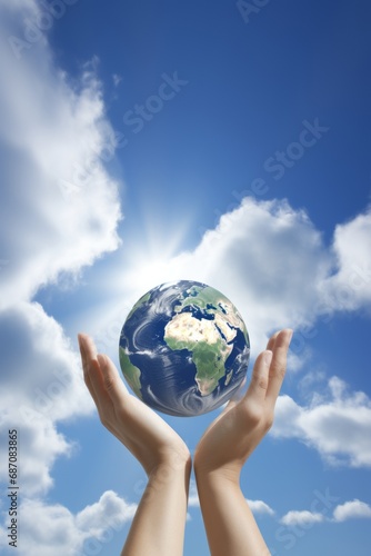 Hands holding planet Earth globe on sky background. Ecological awareness  global peace  and harmonious life without conflict and war. Environmental stewardship and a peaceful coexistence concept.