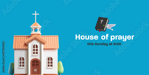 Prayer schedule poster with 3d render church building and Bible with dove, pray for peace