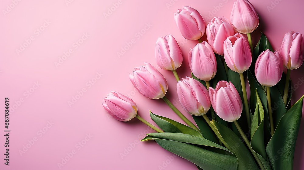 Layout of pink tulips on a pink background Layout of pink tulips on a pink background
