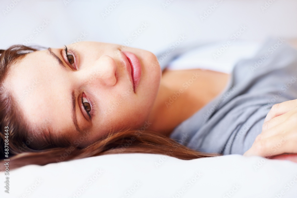 Thinking, home and woman on bed for rest, daydreaming and comfortable on weekend. Apartment, morning and face of person in bedroom to relax, nap and wake up for mental health, wellness and calm Thinking, home and woman on bed for rest, daydreaming and comfortable on weekend. Apartment, morning and face of person in bedroom to relax, nap and wake up for mental health, wellness and calm