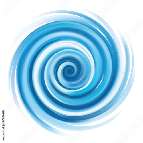 Blue abstract spiral vortex wave of water, liquid spinning in a whirlpool. On white background.