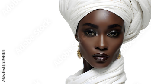 Portrait of beautiful African woman wearing headscarf isolated on white background with copy space.