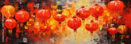 palette knife textured painting Chinese lanterns. Japanese asian new year red lamps festival Chinese New Year Lanterns © PinkiePie