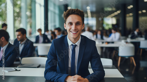 Happy young businessman attending a meeting. generative ai. photo