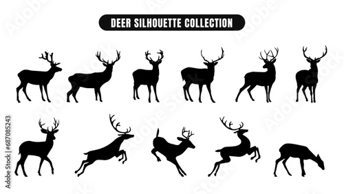 Collection of Deer Silhouette with Jumping Deers Vector. © SachinGusain