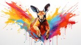 a playful and colorful interpretation of a jumping kangaroo, its powerful hind legs and curious expression brought to life in vibrant hues on a white background,  