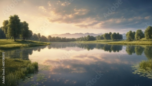 Peaceful dawn landscape with reflection on lake, trees, and sky  © noah